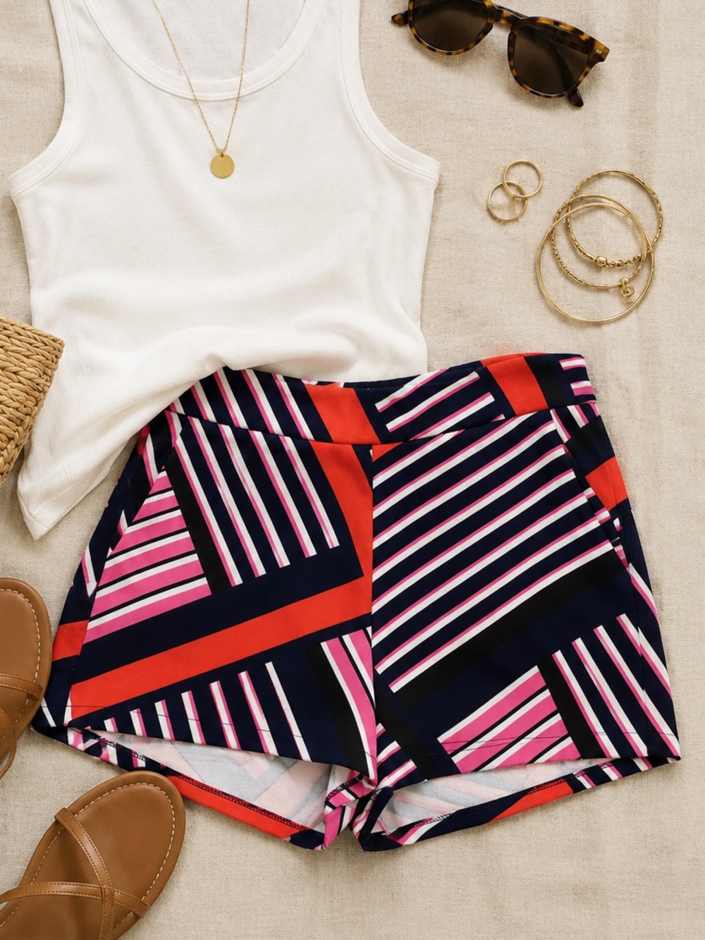 Express Striped Geo Print Womenâs Shorts - Pink, Red & Navy